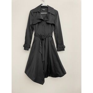 Bebe Trench Coat Women S Black Satin A Line Midi Retro 50s Classic Belted Office